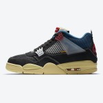 Side view of the Union x Air Jordan 4 "Off Noir" DC9533-001 sneaker in sleek black with blue and red accents