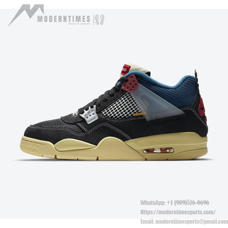 Side view of the Union x Air Jordan 4 "Off Noir" DC9533-001 sneaker in sleek black with blue and red accents