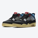 Side view of the Union x Air Jordan 4 "Off Noir" DC9533-001 sneaker in sleek black with blue and red accents