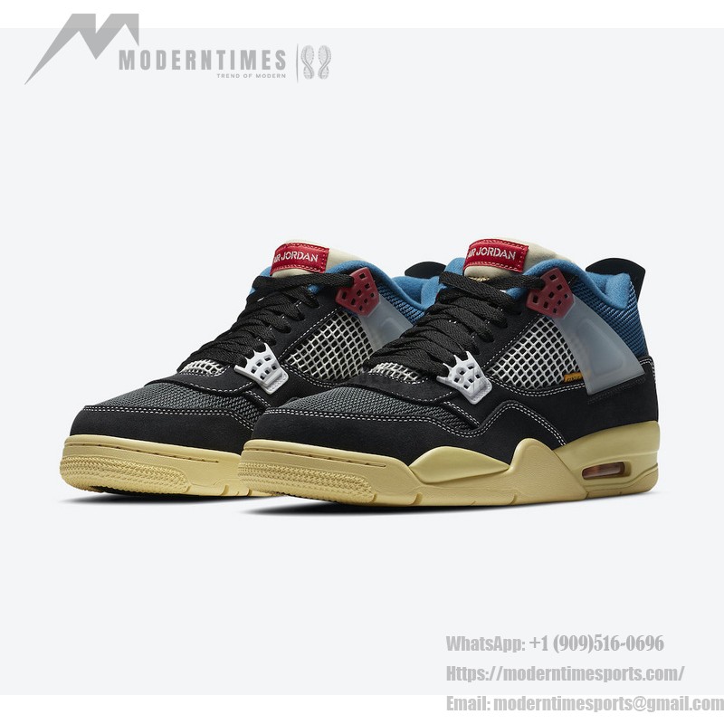 Side view of the Union x Air Jordan 4 "Off Noir" DC9533-001 sneaker in sleek black with blue and red accents