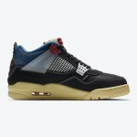 Side view of the Union x Air Jordan 4 "Off Noir" DC9533-001 sneaker in sleek black with blue and red accents