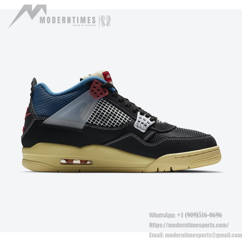 Side view of the Union x Air Jordan 4 "Off Noir" DC9533-001 sneaker in sleek black with blue and red accents