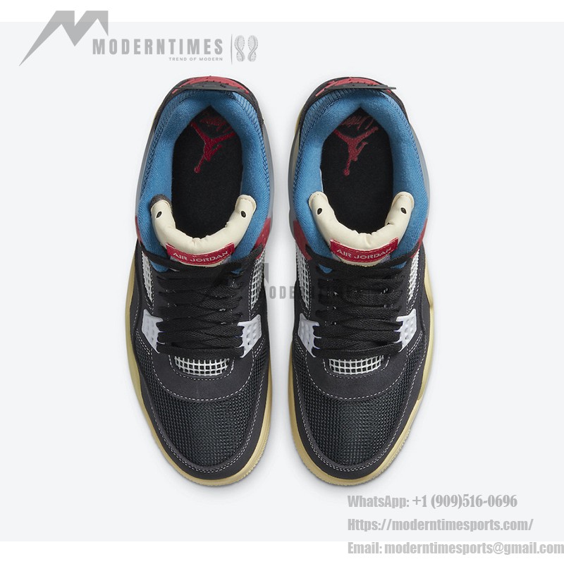 Side view of the Union x Air Jordan 4 "Off Noir" DC9533-001 sneaker in sleek black with blue and red accents