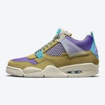 Side view of the Union x Air Jordan 4 "Desert Moss" DJ5718-300 sneaker in vibrant colors