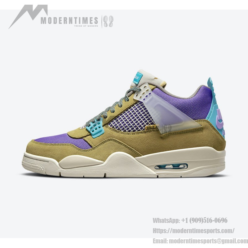 Side view of the Union x Air Jordan 4 "Desert Moss" DJ5718-300 sneaker in vibrant colors