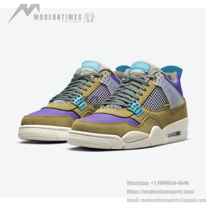 Side view of the Union x Air Jordan 4 "Desert Moss" DJ5718-300 sneaker in vibrant colors