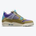 Side view of the Union x Air Jordan 4 "Desert Moss" DJ5718-300 sneaker in vibrant colors