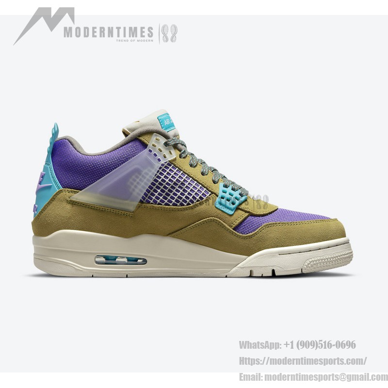 Side view of the Union x Air Jordan 4 "Desert Moss" DJ5718-300 sneaker in vibrant colors