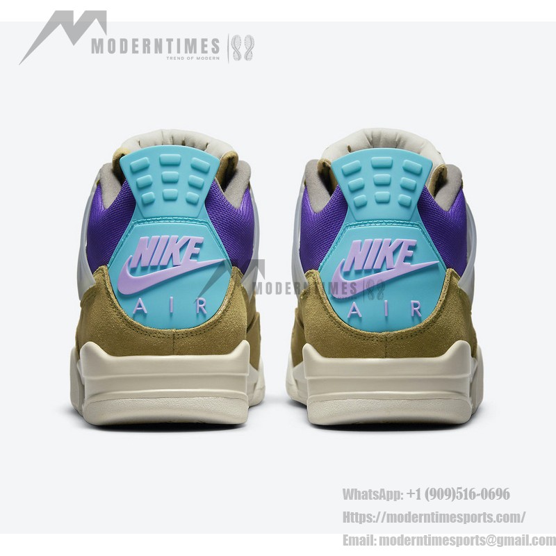 Side view of the Union x Air Jordan 4 "Desert Moss" DJ5718-300 sneaker in vibrant colors