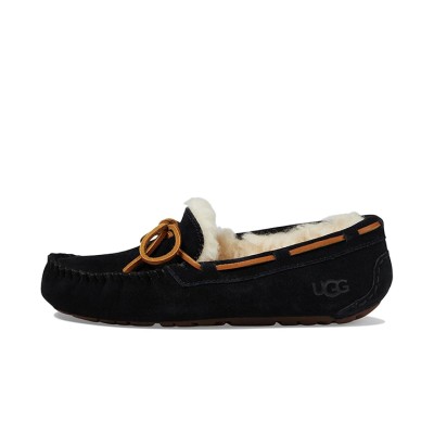 UGG Women's Dakota Slipper Black 5612: Cozy Sheepskin-Lined Slippers with Suede and Leather Bow