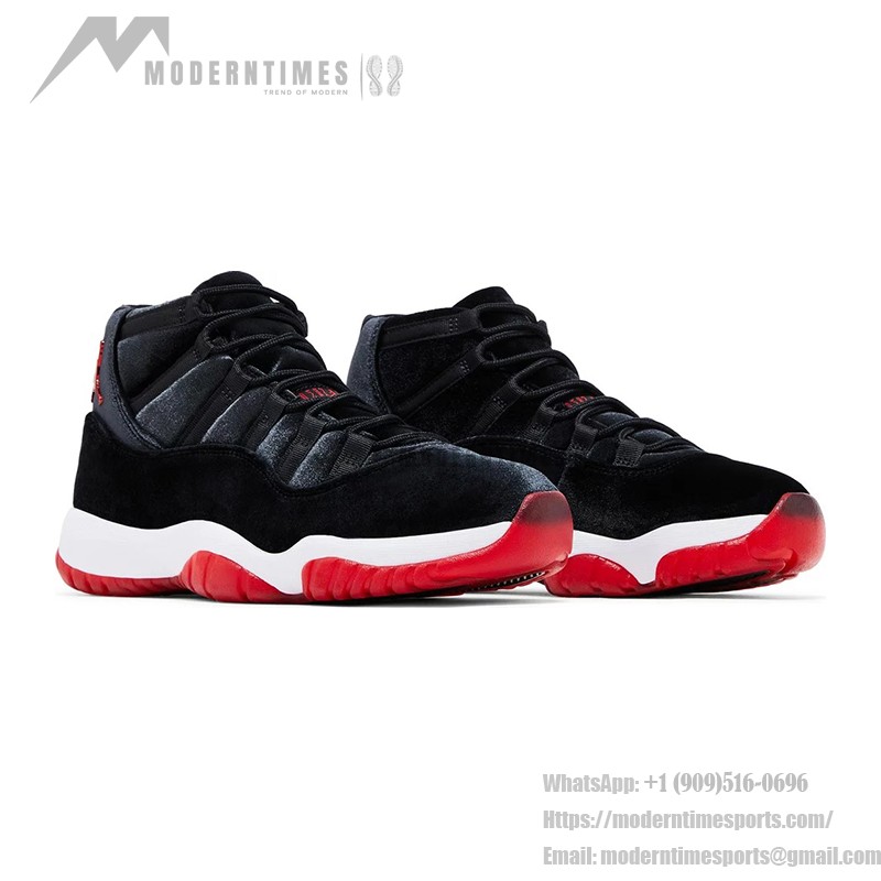 Air Jordan 11 Retro Bred Velvet DB5457-061 Black Velvet Sneakers with Red Accents and White Midsole