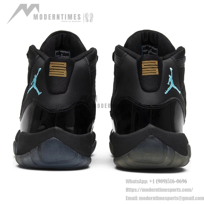 Air Jordan 11 ‘Gamma Blue’ 378038-006 - Black Patent Leather Sneakers with Gamma Blue and Yellow Accents