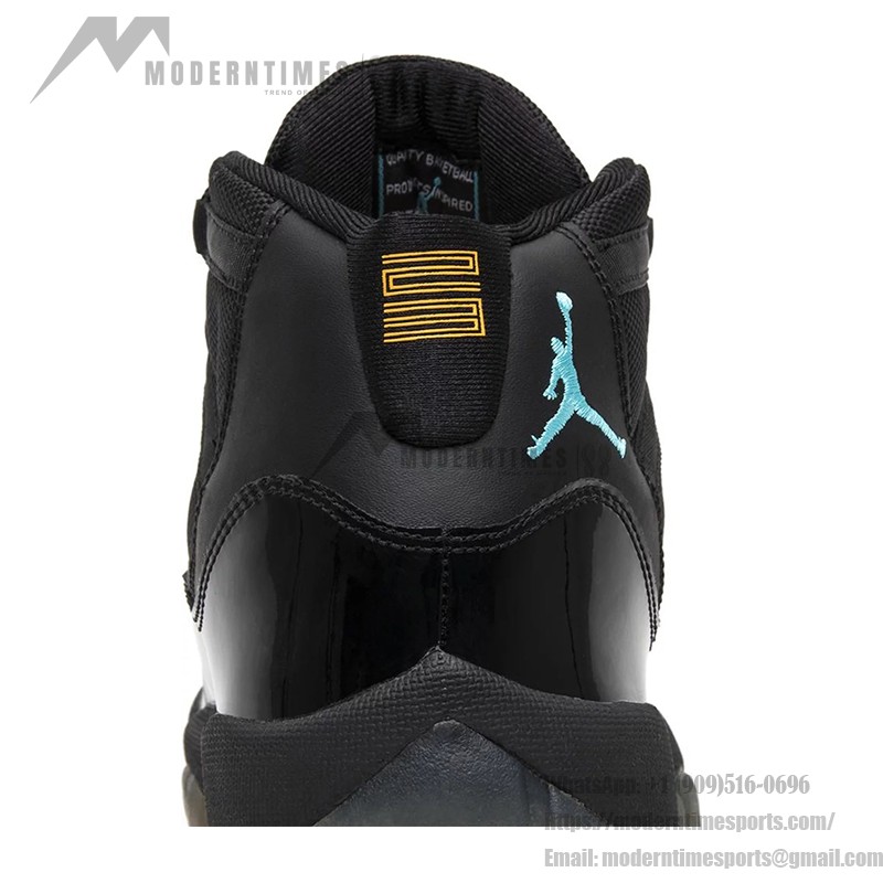 Air Jordan 11 ‘Gamma Blue’ 378038-006 - Black Patent Leather Sneakers with Gamma Blue and Yellow Accents