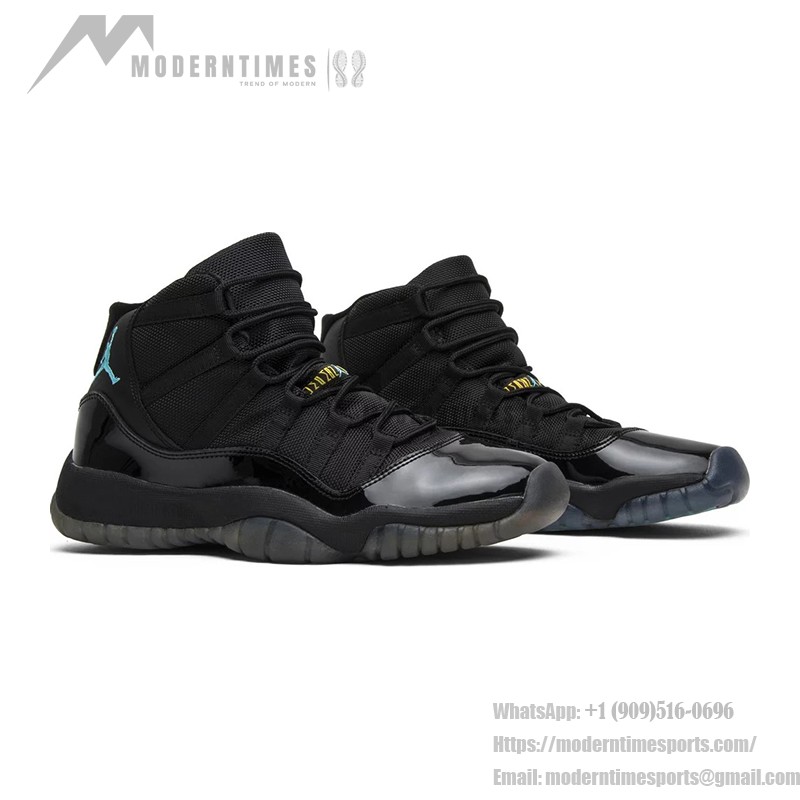 Air Jordan 11 ‘Gamma Blue’ 378038-006 - Black Patent Leather Sneakers with Gamma Blue and Yellow Accents