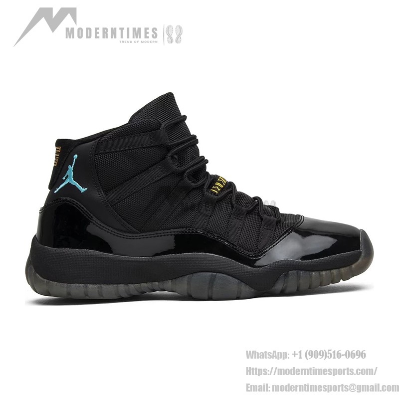 Air Jordan 11 ‘Gamma Blue’ 378038-006 - Black Patent Leather Sneakers with Gamma Blue and Yellow Accents