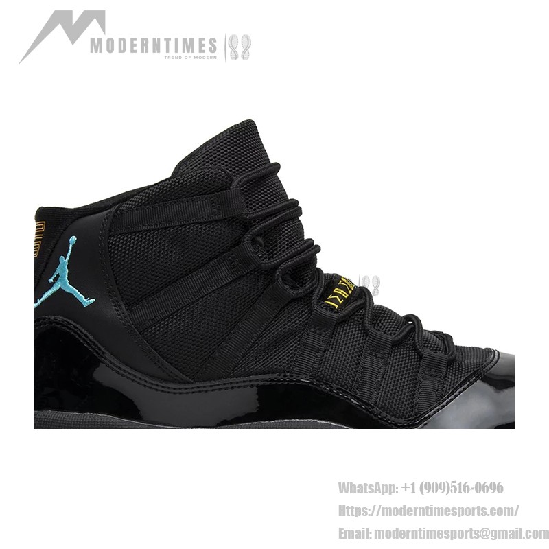 Air Jordan 11 ‘Gamma Blue’ 378038-006 - Black Patent Leather Sneakers with Gamma Blue and Yellow Accents