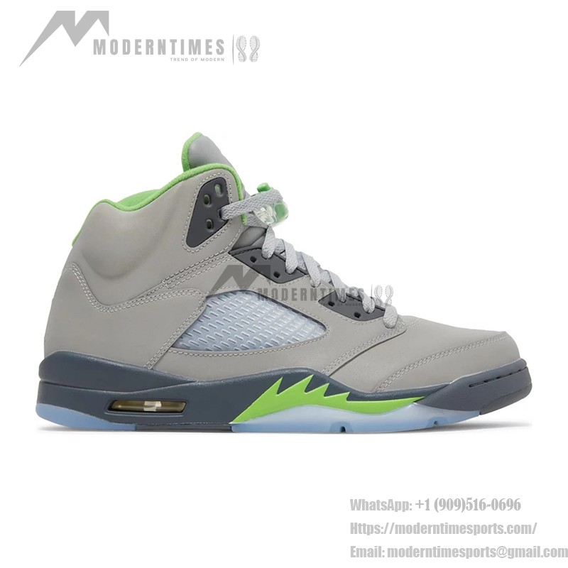 Air Jordan 5 Retro DM9014-003 Grey Leather Sneakers with Green Accents & Reflective Tongue