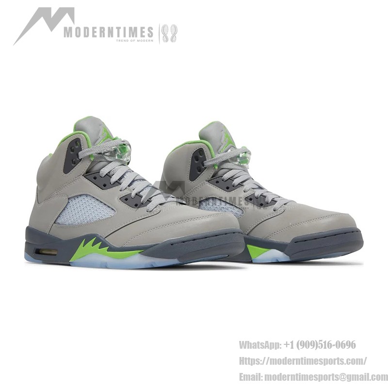 Air Jordan 5 Retro DM9014-003 Grey Leather Sneakers with Green Accents & Reflective Tongue