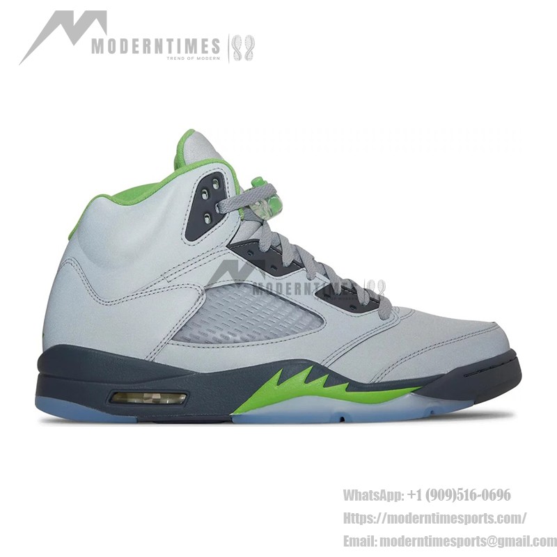 Air Jordan 5 Retro DM9014-003 Grey Leather Sneakers with Green Accents & Reflective Tongue