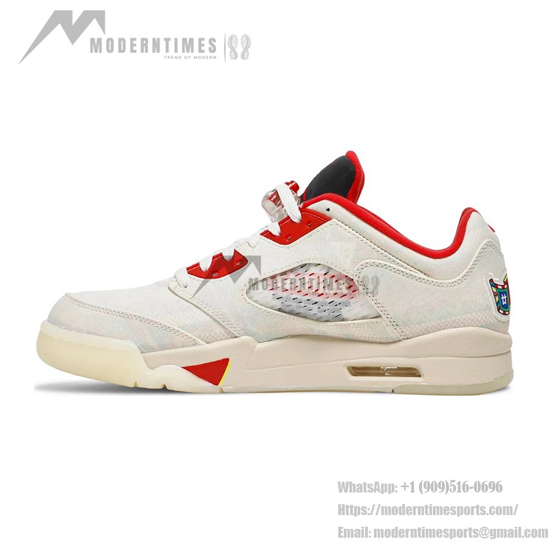 Air Jordan 5 Low DD2240-100 Off-White Canvas Sneakers with Red Accents and Translucent Sole