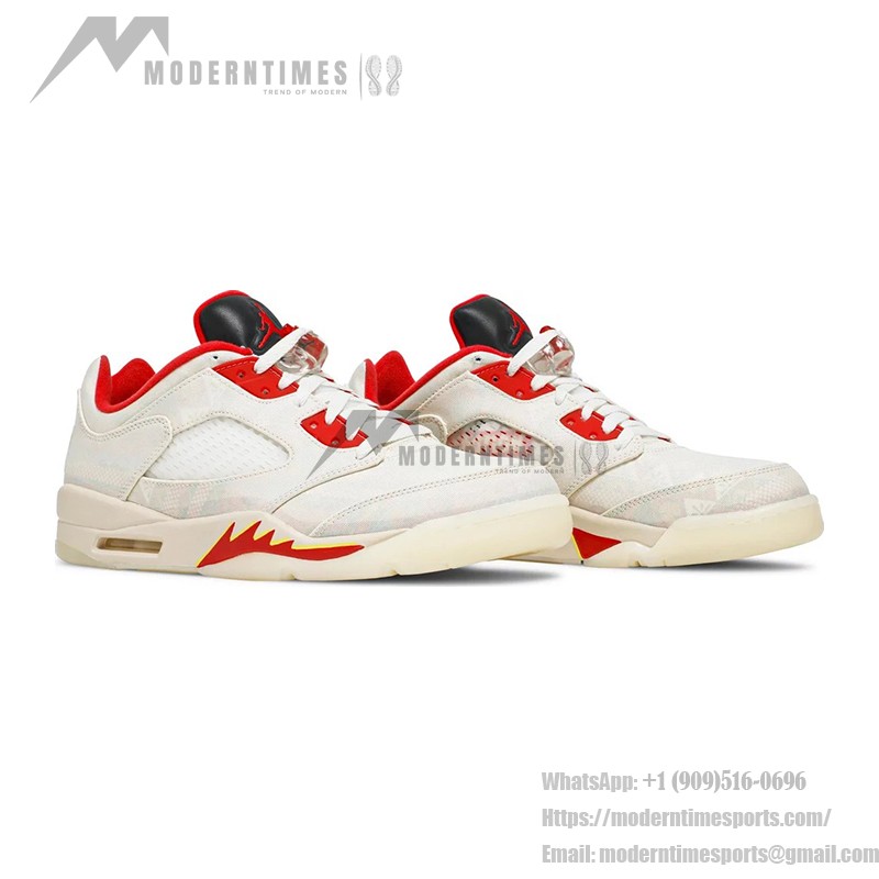 Air Jordan 5 Low DD2240-100 Off-White Canvas Sneakers with Red Accents and Translucent Sole