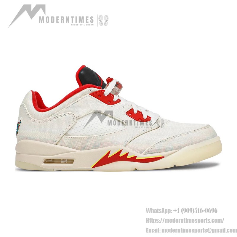 Air Jordan 5 Low DD2240-100 Off-White Canvas Sneakers with Red Accents and Translucent Sole