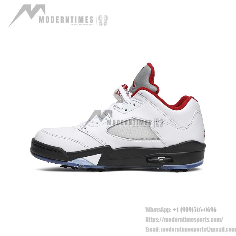 Air Jordan 5 Low Golf CU4523-100 White Leather Sneakers with Red Accents and Reflective Tongue