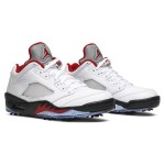 Air Jordan 5 Low Golf CU4523-100 White Leather Sneakers with Red Accents and Reflective Tongue