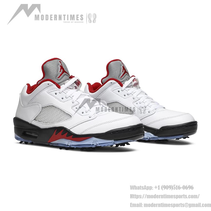 Air Jordan 5 Low Golf CU4523-100 White Leather Sneakers with Red Accents and Reflective Tongue