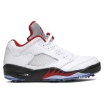 Air Jordan 5 Low Golf CU4523-100 White Leather Sneakers with Red Accents and Reflective Tongue