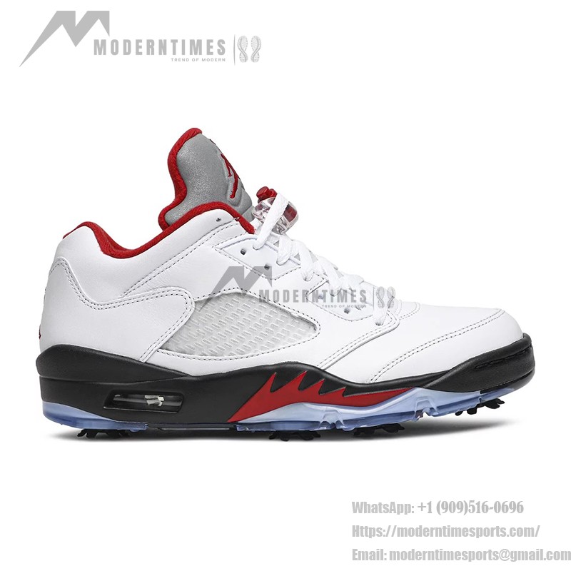 Air Jordan 5 Low Golf CU4523-100 White Leather Sneakers with Red Accents and Reflective Tongue