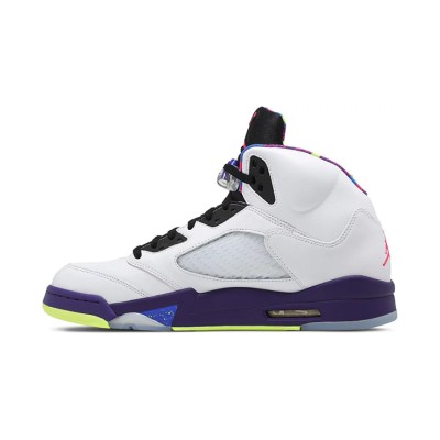 Air Jordan 5 Retro DB3335-100 - White Leather Sneakers with Purple & Neon Accents & Reflective Tongue