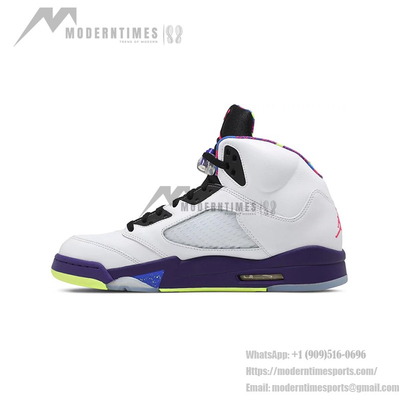 Air Jordan 5 Retro DB3335-100 White Leather Sneakers with Purple & Neon Accents and Reflective Tongue