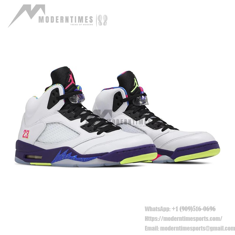 Air Jordan 5 Retro DB3335-100 White Leather Sneakers with Purple & Neon Accents and Reflective Tongue