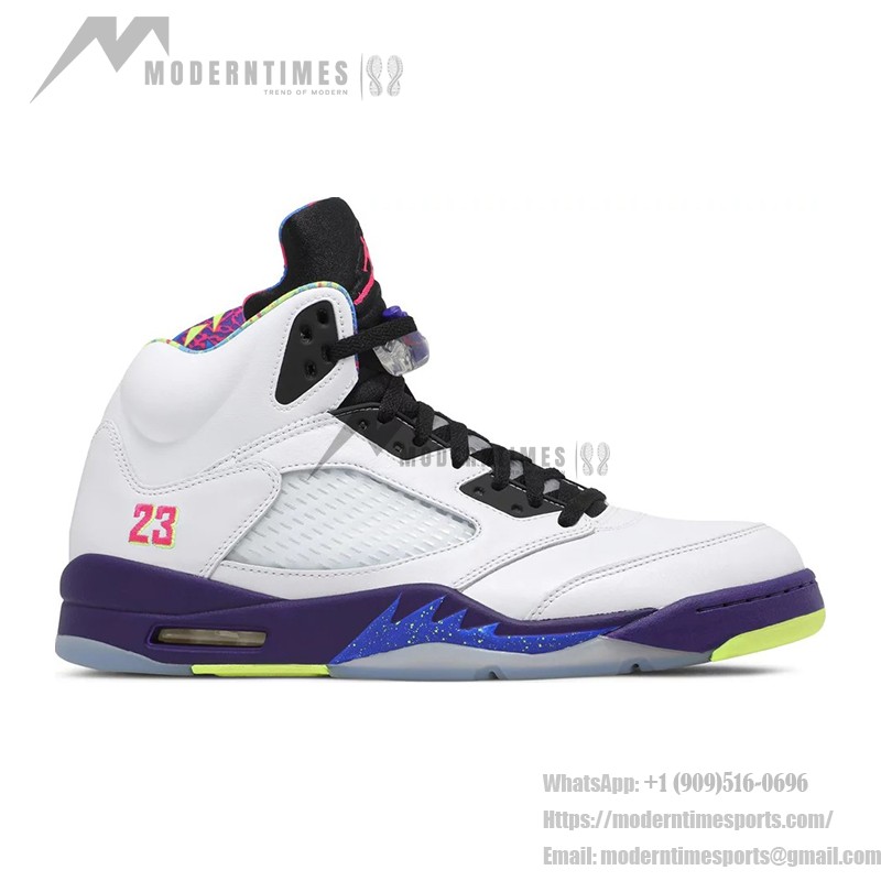 Air Jordan 5 Retro DB3335-100 White Leather Sneakers with Purple & Neon Accents and Reflective Tongue