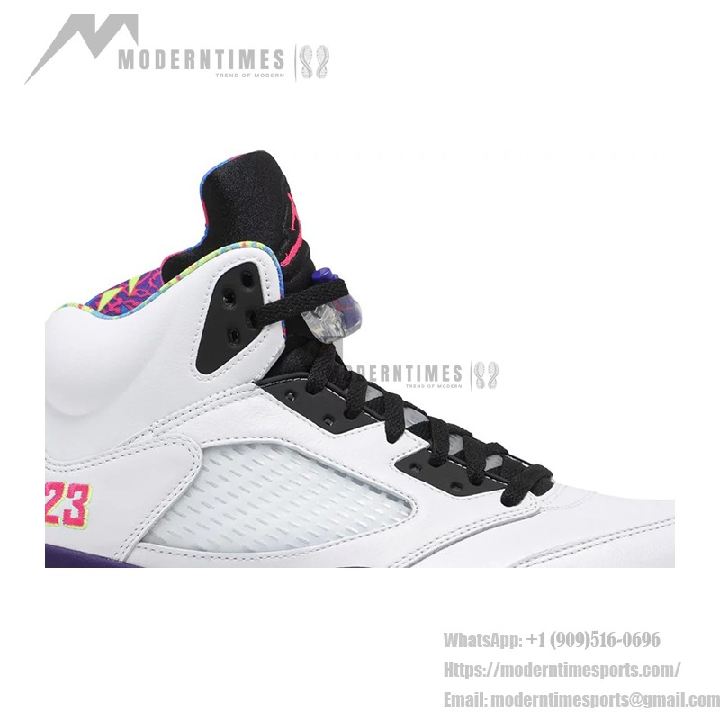 Air Jordan 5 Retro DB3335-100 White Leather Sneakers with Purple & Neon Accents and Reflective Tongue