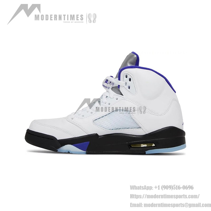  Air Jordan 5 Retro DD0587-141 White Leather Sneakers with Blue & Black Accents and Reflective Tongue