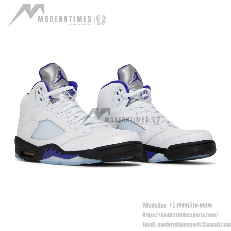  Air Jordan 5 Retro DD0587-141 White Leather Sneakers with Blue & Black Accents and Reflective Tongue