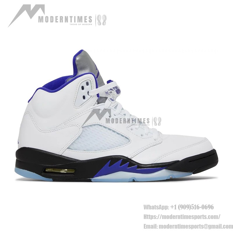  Air Jordan 5 Retro DD0587-141 White Leather Sneakers with Blue & Black Accents and Reflective Tongue