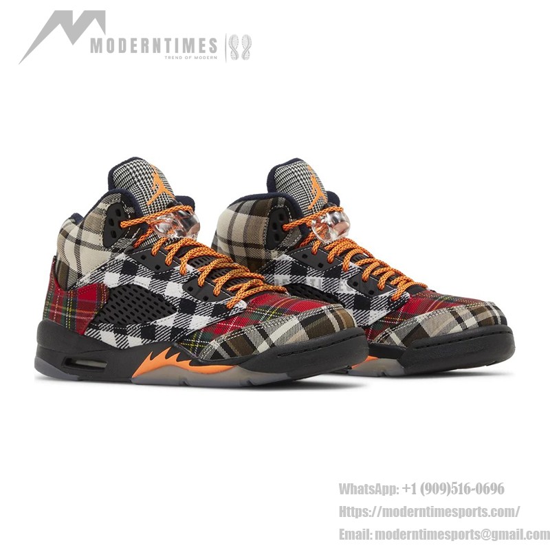 Air Jordan 5 Retro FD4814-008 Multicolor Plaid Sneakers with Orange Laces and Translucent Sole