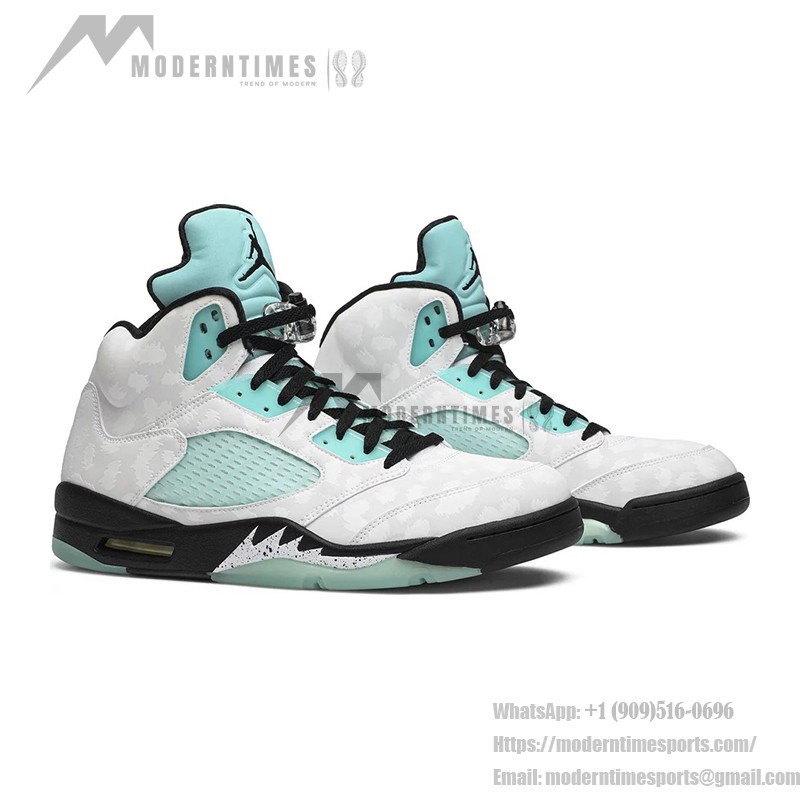 Air Jordan 5 Retro CN2932-100 화이트 가죽 스니커즈, 민트 그린 포인트와 반사 혀 포함