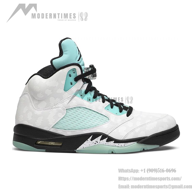 Air Jordan 5 Retro CN2932-100 화이트 가죽 스니커즈, 민트 그린 포인트와 반사 혀 포함