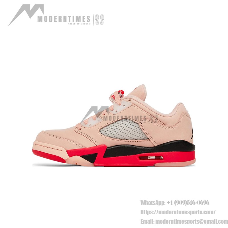 Air Jordan 5 Low DA8016-806 Pink Suede Sneakers with Red & Black Accents and Reflective Tongue