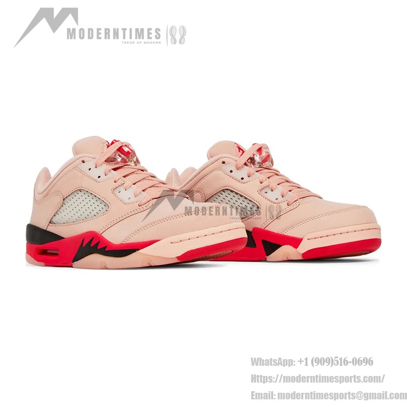 Air Jordan 5 Low DA8016-806 Pink Suede Sneakers with Red & Black Accents and Reflective Tongue