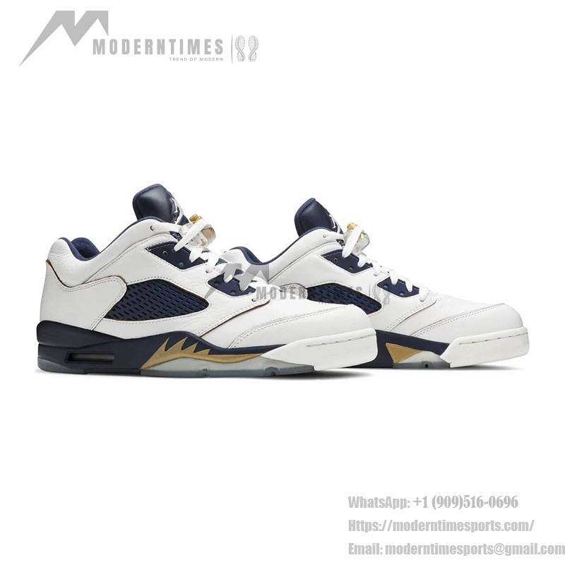 Air Jordan 5 Low 819171-135 White Leather Sneakers with Navy Mesh and Gold Accents