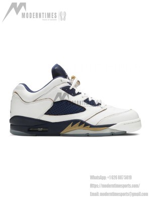 Air Jordan 5 Low 819171-135 - White Leather Sneakers with Navy Mesh & Gold Accents