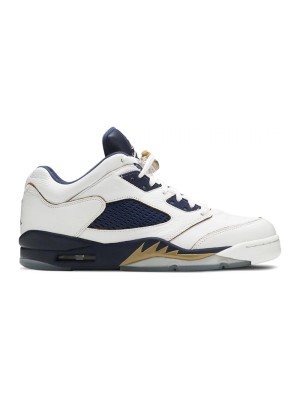 Air Jordan 5 Low 819171-135 - Weiße Ledersneaker mit Marineblauem Netz und Goldenen Akzenten 