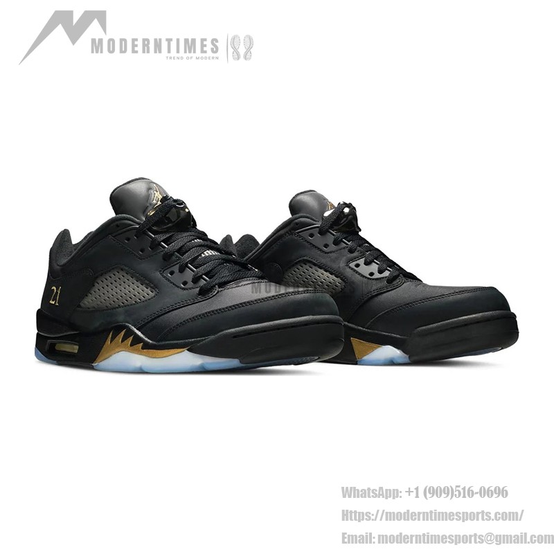 Air Jordan 5 Low DJ1094-001 Black Leather Sneakers with Gold Accents and Reflective Tongue