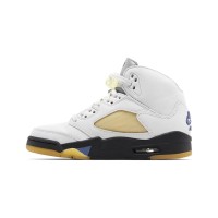 Air Jordan 5 Retro FZ5758-004 - White Leather Sneakers with Beige Mesh, Blue Accents & Translucent Sole