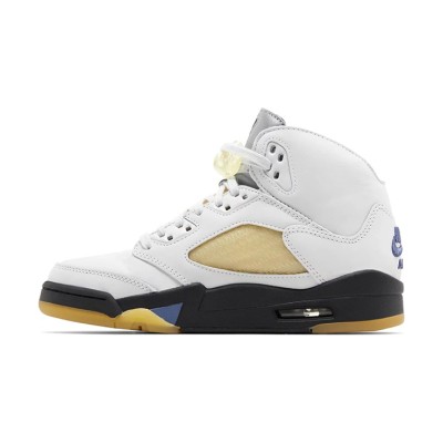 Air Jordan 5 Retro FZ5758-004 - White Leather Sneakers with Beige Mesh, Blue Accents & Translucent Sole